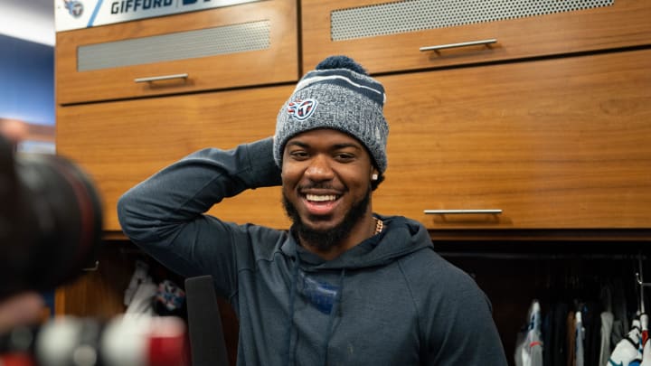 Tennessee Titans linebacker Azeez Al-Shaair Is interviewed during the after the season locker clean-outs at Ascension Saint Thomas Sports Park in Nashville, Tenn., Monday, Jan. 8, 2024.