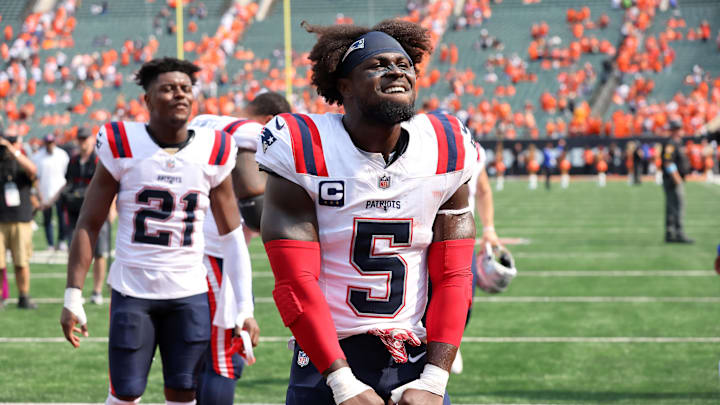 Sep 8, 2024; Cincinnati, Ohio, USA;  New England Patriots safety Jabrill Peppers (5) celebrates following the win over the Cincinnati Bengals at Paycor Stadium.