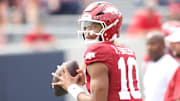 Arkansas Razorbacks quarterback Taylor Green (10) prior to the game against the Arkansas State Red Wolves at War Memorial Stadium. 