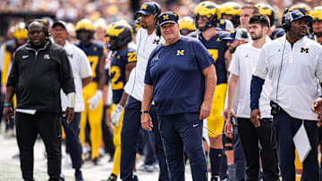 Michigan acting head coach Biff Poggi watches a play against Central Michigan during the second half at Michigan Stadium in Ann Arbor on Saturday, Sept. 13, 2025.