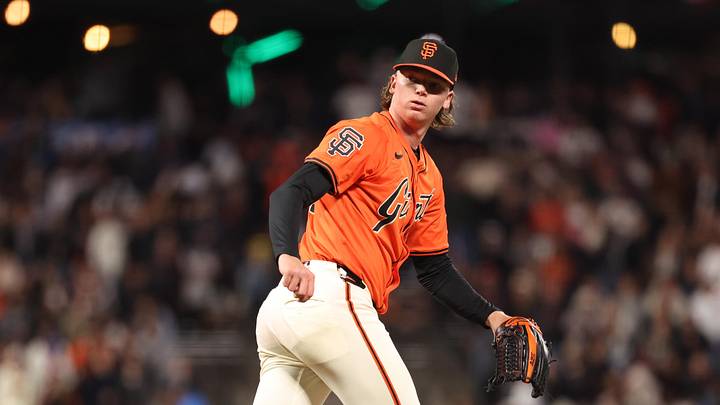May 2, 2025; San Francisco, California, USA; San Francisco Giants starting pitcher Hayden Birdsong (60) looks over his shoulder after releasing the final pitch against the Colorado Rockies during the ninth inning at Oracle Park. Mandatory Credit: Kelley L Cox-Imagn Images