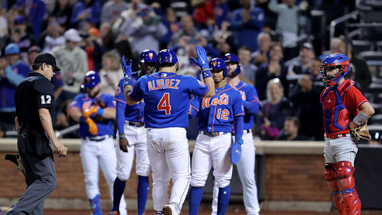 Sep 30, 2023; New York City, New York, USA; New York Mets catcher Francisco Alvarez (4) celebrates