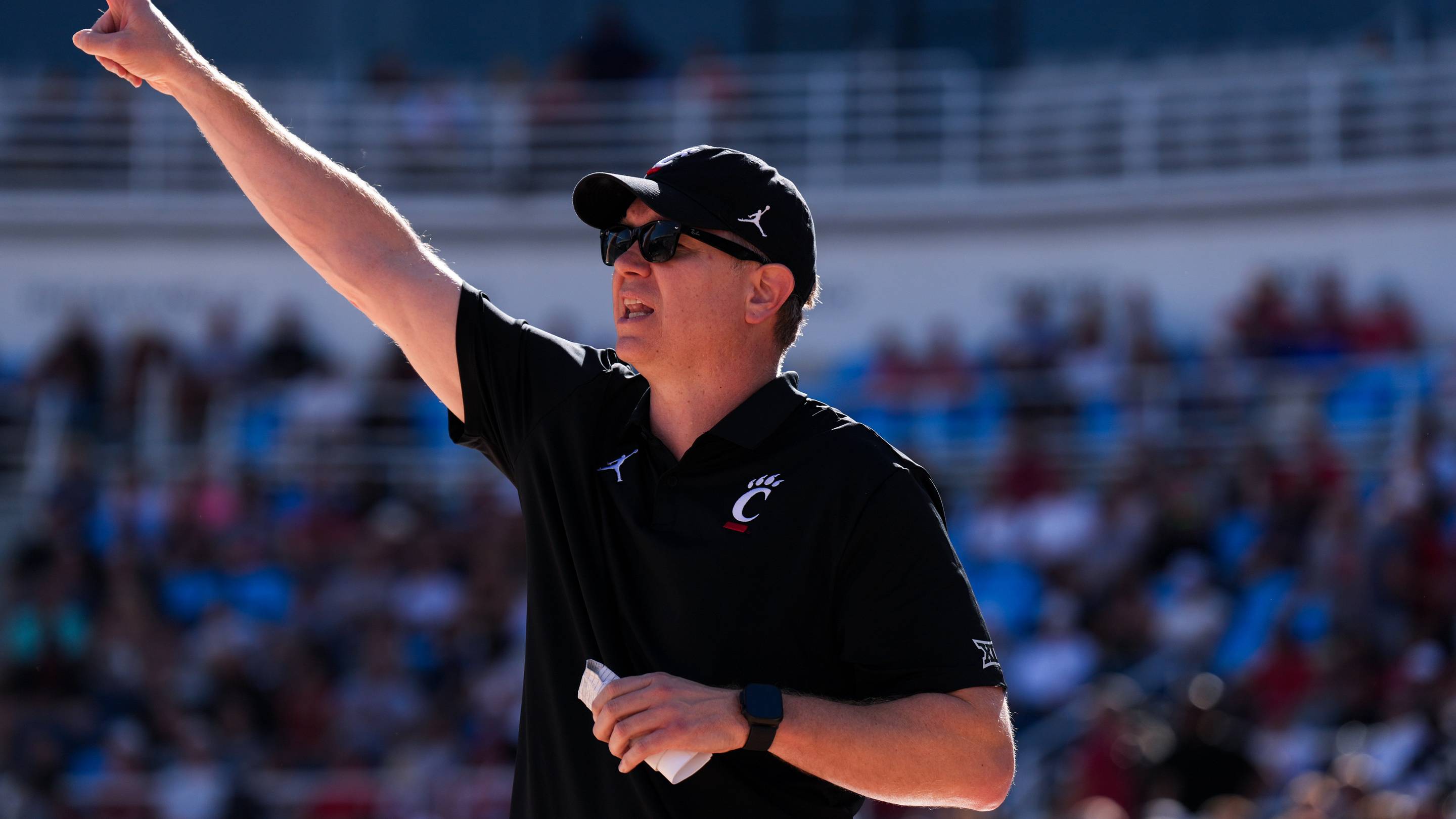 Oct 7, 2026; Mason, OH, USA; Cincinnati Bearcats head coach Jerrod Calhoun works the sideline during the game against the Ohio State Buckeyes in the second half during the 2026 CareSource Invitational at the Lindner Family Tennis Center. Mandatory Credit: Aaron Doster-Imagn Images | IMAGN IMAGES via