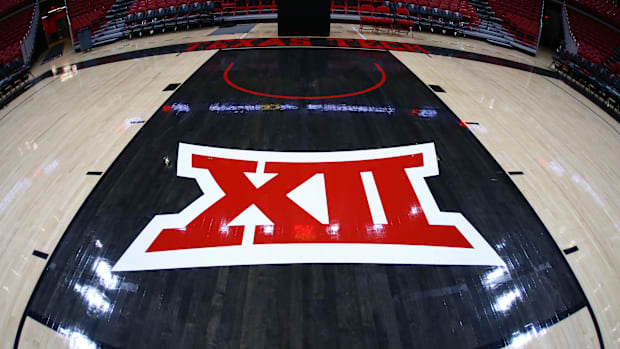 The Big 12 logo on the basketball court at Texas A&M.