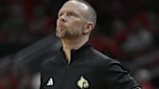 Nov 15, 2025; Louisville, Kentucky, USA;  Louisville Cardinals head coach Pat Kelsey watches from the sideline during the second half against the Ohio Bobcats at KFC Yum! Center. Louisville defeated Ohio 106-81. Mandatory Credit: Jamie Rhodes-Imagn Images