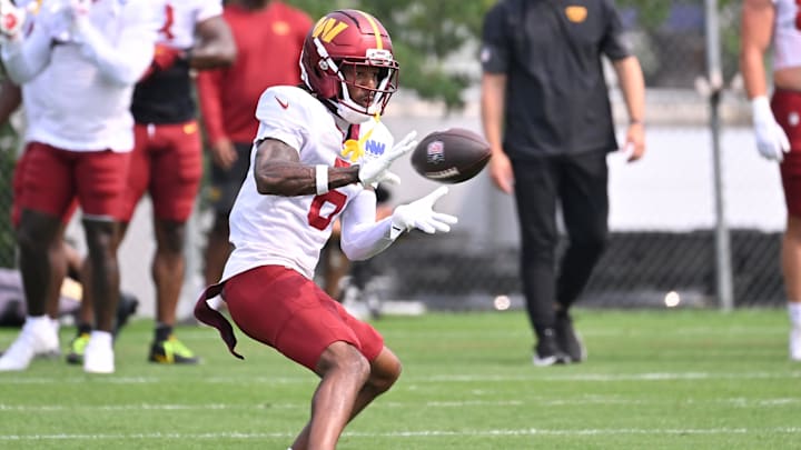 Aug 6, 2025; Foxborough, MA, USA; Washington Commanders wide receiver Tay Martin (6) makes a catch at training camp at Gillette Stadium. Mandatory Credit: Eric Canha-Imagn Images