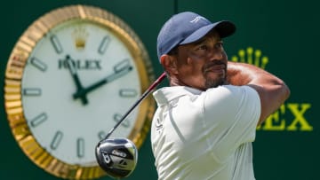 Tiger Woods on the 18th tee during the 2024 PGA Championship practice Monday at Valhalla Golf Course