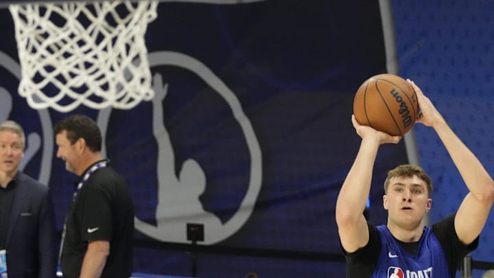 Cooper Flagg participates in the 2025 NBA Draft Combine at Wintrust Arena. 