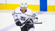 Mar 30, 2024; Calgary, Alberta, CAN; Los Angeles Kings right wing Quinton Byfield (55) skates during the warmup period against the Calgary Flames at Scotiabank Saddledome. Mandatory Credit: Sergei Belski-USA TODAY Sports