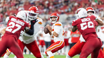 Aug 9, 2025; Glendale, Arizona, USA; Kansas City Chiefs quarterback Gardner Minshew (17) against the Arizona Cardinals during a preseason NFL game at State Farm Stadium. Mandatory Credit: Mark J. Rebilas-Imagn Images