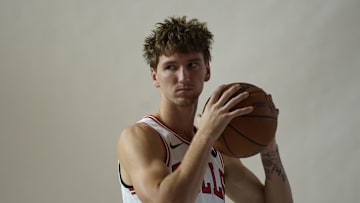 Sep 29, 2025; Chicago, IL, USA; Chicago Bulls forward Matas Buzelis (14) poses for photos during Chicago Bulls Media Day. Mandatory Credit: David Banks-Imagn Images