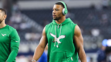 Nov 23, 2025; Arlington, Texas, USA; Philadelphia Eagles running back Saquon Barkley (26) wears Beats by Dre during warm ups prior to the game against the Dallas Cowboys at AT&T Stadium. Mandatory Credit: Kevin Jairaj-Imagn Images