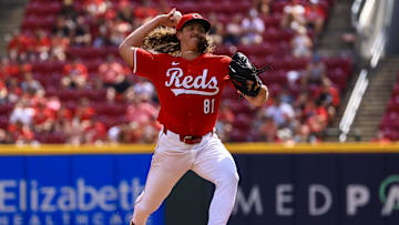 Sep 21, 2024; Cincinnati, Ohio, USA; Cincinnati Reds starting pitcher Rhett Lowder (81) pitches against the Pittsburgh Pirates in the third inning at Great American Ball Park. Mandatory Credit: Katie Stratman-Imagn Images