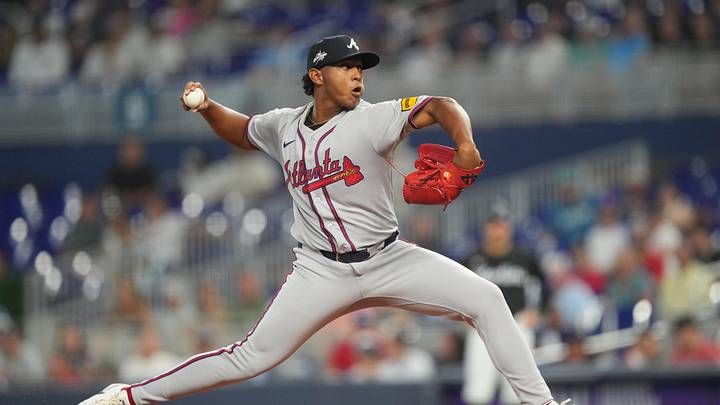 Jun 20, 2025; Miami, Florida, USA;  Atlanta Braves pitcher Didier Fuentes (75) pitches against the Miami Marlins in the first inning at loanDepot Park. Mandatory Credit: Jim Rassol-Imagn Images