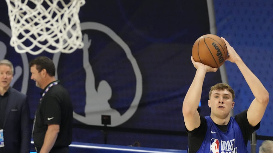 Cooper Flagg participates in the 2025 NBA Draft Combine at Wintrust Arena. | David Banks-Imagn Images
