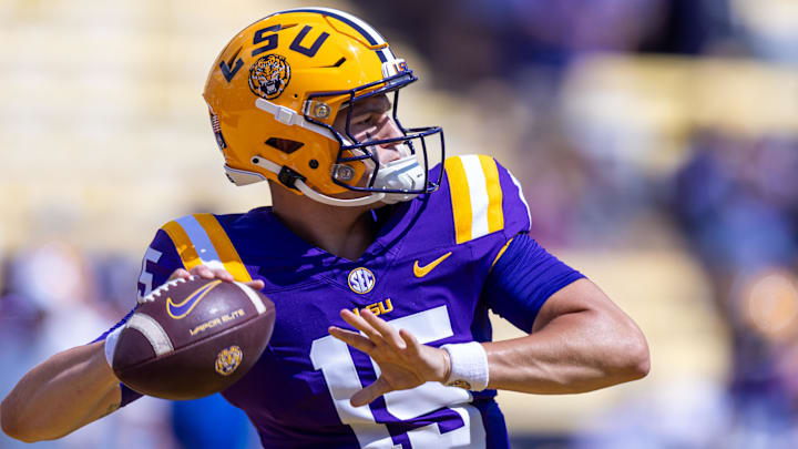 Sep 21, 2024; Baton Rouge, Louisiana, USA; LSU Tigers quarterback AJ Swann (15) during warmups before a game against the UCLA Bruins at Tiger Stadium. Mandatory Credit: Stephen Lew-Imagn Images Sep 21, 2024; Baton Rouge, Louisiana, USA; LSU Tigers quarterback AJ Swann (15) during warmups before a game against the UCLA Bruins at Tiger Stadium. Mandatory Credit: Stephen Lew-Imagn Images