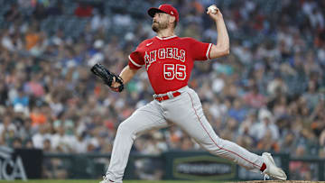 Jul 25, 2023; Detroit, Michigan, USA;  Los Angeles Angels relief pitcher Matt Moore (55) pitches in