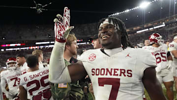 Nov 15, 2025; Tuscaloosa, Alabama, USA;  Oklahoma linebacker Sammy Omosigho (7) celebrates after Oklahoma defeated the Alabama Crimson Tide 23-21 at Saban Field at Bryant-Denny Stadium. Mandatory Credit: Gary Cosby Jr.-Imagn Images