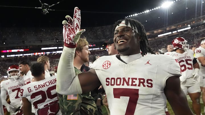 Oklahoma linebacker Sammy Omosigho celebrates after the Sooners defeated Alabama.