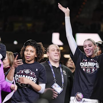 Mar 9, 2025; Greenville, SC, USA;  South Carolina Gamecocks forward Chloe Kitts (21) wins the MVP for the SEC womenís tournament during the second half at Bon Secours Wellness Arena. Mandatory Credit: Jim Dedmon-Imagn Images