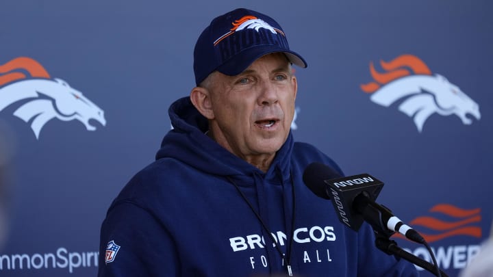 May 23, 2024; Englewood, CO, USA; Denver Broncos head coach Sean Payton addresses the media after organized team activities at Centura Health Training Center. Mandatory Credit: Isaiah J. Downing-USA TODAY Sports