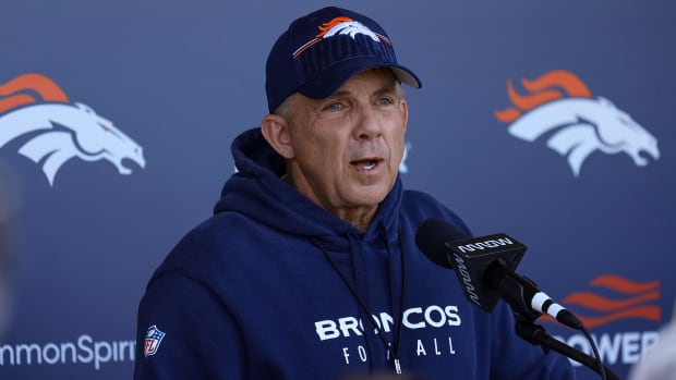 Denver Broncos head coach Sean Payton addresses the media after organized team activities at Centura Health Training Center. 