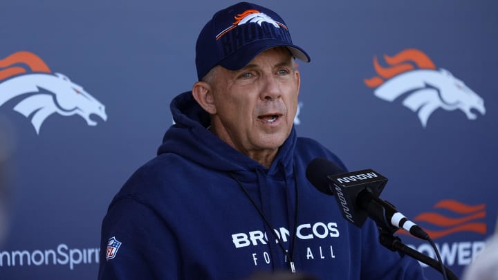 May 23, 2024; Englewood, CO, USA; Denver Broncos head coach Sean Payton addresses the media after organized team activities at Centura Health Training Center. Mandatory Credit: Isaiah J. Downing-USA TODAY Sports