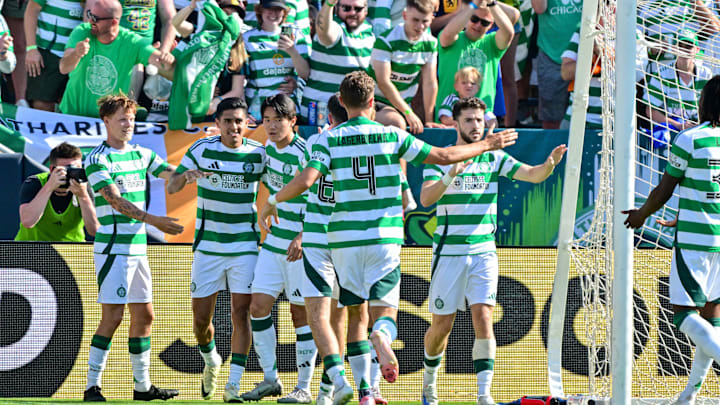 Jul 27, 2024; South Bend, IN, USA; Celtic forward Luis Palma (7) celebrates with teammates after a goal against Chelsea at Notre Dame Stadium. Celtic won 4-1. Mandatory Credit: Matt Cashore-Imagn Images