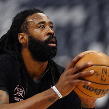 May 9, 2025; Denver, Colorado, USA; Denver Nuggets center DeAndre Jordan (6) before the game against the Oklahoma City Thunder during game three of the second round for the 2025 NBA Playoffs at Ball Arena. Mandatory Credit: Ron Chenoy-Imagn Images
