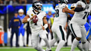 Dec 8, 2025; Inglewood, California, USA; Philadelphia Eagles quarterback Jalen Hurts (1) looks to pass against the Los Angeles Chargers in the first half at SoFi Stadium. Mandatory Credit: Gary A. Vasquez-Imagn Images