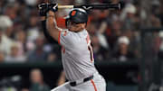 Jul 5, 2025; West Sacramento, California, USA; San Francisco Giants designated hitter Rafael Devers (16) hits a double against the Athletics during the eighth inning at Sutter Health Park.