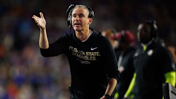 Nov 29, 2025; Gainesville, Florida, USA; Florida State Seminoles head coach Mike Norvell gestures against the Florida Gators during the second half at Ben Hill Griffin Stadium. Mandatory Credit: Matt Pendleton-Imagn Images