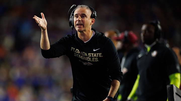 Nov 29, 2025; Gainesville, Florida, USA; Florida State Seminoles head coach Mike Norvell gestures against the Florida Gators during the second half at Ben Hill Griffin Stadium. Mandatory Credit: Matt Pendleton-Imagn Images