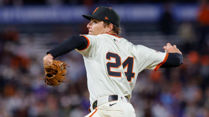 Jun 24, 2024; San Francisco, California, USA; San Francisco Giants pitcher Spencer Howard throws a pitch during the ninth inning against the Chicago Cubs at Oracle Park. All Giants players wore the number 24 in honor of Giants former player Willie Mays. 