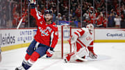 Mar 7, 2025; Washington, District of Columbia, USA; Washington Capitals right wing Tom Wilson (43) celebrates after scoring a goal on Detroit Red Wings goaltender Cam Talbot (39) in the third period at Capital One Arena. Mandatory Credit: Geoff Burke-Imagn Images