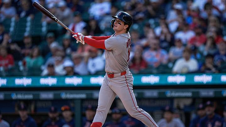 Boston Red Sox left fielder Roman Anthony (19) bats against Detroit Tigers during the first inning at Comerica Park in Detroit on Monday, May 4, 2026.