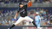Jul 19, 2025; Miami, Florida, USA;  Miami Marlins pitcher Cal Quantrill (47) pitches in the second inning against the Kansas City Royals at loanDepot Park. Mandatory Credit: Jim Rassol-Imagn Images