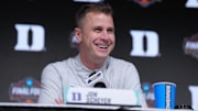 Apr 3, 2025; San Antonio, TX, USA; Duke head coach Jon Scheyer talks to the media at the Alamodome. Mandatory Credit: Robert Deutsch-Imagn Images