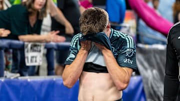 Jun 28, 2025; Seattle, Washington, USA;  Seattle Sounders midfielder Reed Baker-Whiting (21) leaves the pitch after being issued a red card during the second half against Austin FC at Lumen Field. Mandatory Credit: Stephen Brashear-Imagn Images
