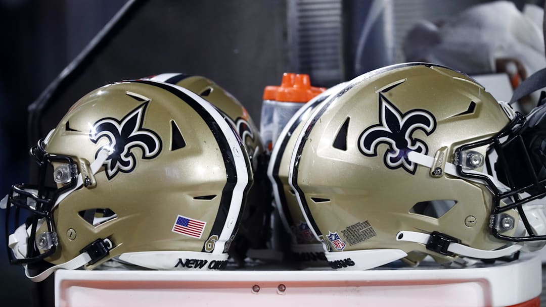 Dec 19, 2021; Tampa, Florida, USA; A detail view of New Orleans Saints helmets against the Tampa Bay Buccaneers during the second half at Raymond James Stadium. Mandatory Credit: Kim Klement-Imagn Images