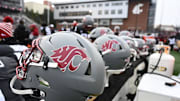 Nov 12, 2022; Pullman, Washington, USA; Washington State Cougars helmet sits during a game against the Arizona State Sun Devils in the first half at Gesa Field at Martin Stadium. Mandatory Credit: James Snook-Imagn Images