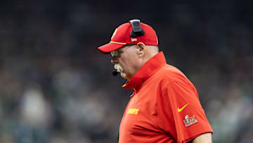 Feb 9, 2025; New Orleans, LA, USA;  Kansas City Chiefs head coach Andy Reid against the Philadelphia Eagles in Super Bowl LIX at Ceasars Superdome. Mandatory Credit: Mark J. Rebilas-Imagn Images