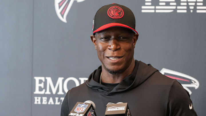 May 10, 2024; Flowery Branch, GA, USA; Atlanta Falcons head coach Raheem Morris is interviewed before the start of Rookie Minicamp at the Falcons Training Camp.   Mandatory Credit: Dale Zanine-USA TODAY Sports