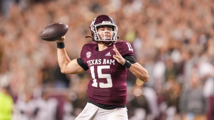 Oct 29, 2022; College Station, Texas, USA;  Texas A&M Aggies quarterback Conner Weigman (15) throws a pass against the Mississippi Rebels in the second half at Kyle Field.