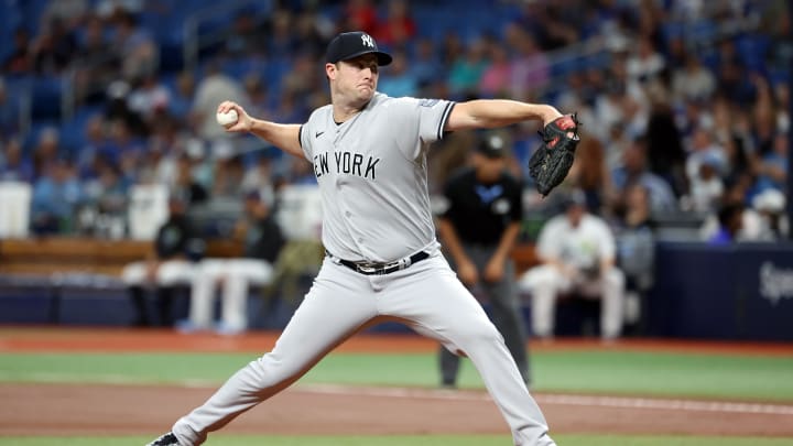 Aug 25, 2023; St. Petersburg, Florida, USA; New York Yankees starting pitcher Gerrit Cole (45) throws a pitch against the Tampa Bay Rays during the first inning at Tropicana Field. Mandatory Credit: Kim Klement Neitzel-USA TODAY Sports