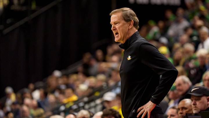 Oregon head coach Dana Altman looks on as the Oregon Ducks host the Washington Huskies on March 7, 2026, at Matthew Knight Arena in Eugene, Oregon.