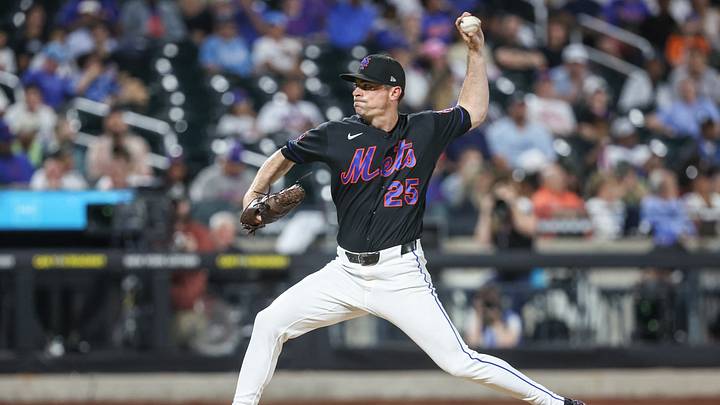 Jul 8, 2026; New York City, New York, USA;  New York Mets relief pitcher Brooks Raley (25) pitches in the eighth inning against the Kansas City Royals at Citi Field. Mandatory Credit: Wendell Cruz-Imagn Images