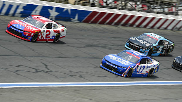 Jesse Love (2), driver Chase Elliot (17) and driver Anthony Alfredo (5) during the BETMGM 300 at Charlotte Motor Speedway. 