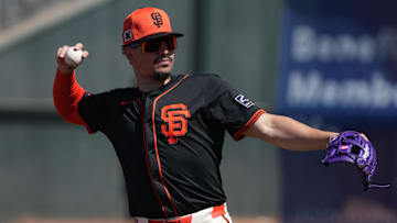 Mar 15, 2025; Scottsdale, Arizona, USA; San Francisco Giants shortstop Willy Adames (2) gets ready for a game against the Seattle Mariners at Scottsdale Stadium. 