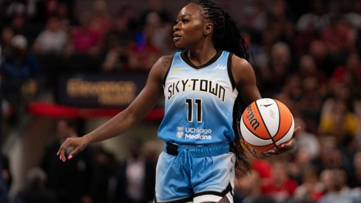 Chicago Sky guard Dana Evans (11) dribbles the ball on Sunday June 16, 2024, during the game at Gainbridge Fieldhouse in Indianapolis. The Fever beat the Sky 91-83.